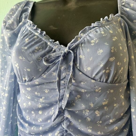 Sheer Baby Blue Floral Ruched Body-con long sleeve Mini dress Size Small - Picture 4 of 5